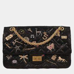Pre Owned Chanel Black Calfskin 2.55 Lucky Charm Small Classic Double Flap Bag