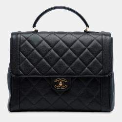 Pre Owned Chanel Black Jumbo CC Quilted Caviar Kelly Top Handle Bag