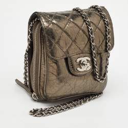 Pre Owned Chanel Metallic Grey Leather Clams Wallet On Chain