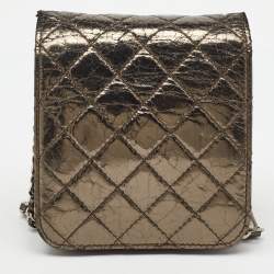 Pre Owned Chanel Metallic Grey Leather Clams Wallet On Chain