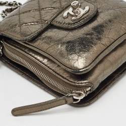 Pre Owned Chanel Metallic Grey Leather Clams Wallet On Chain