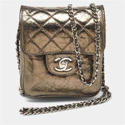 Pre Owned Chanel Metallic Grey Leather Clams Wallet On Chain