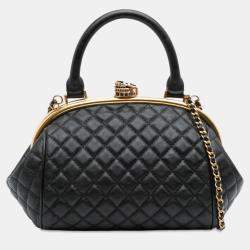 Pre Owned Chanel Black Paris Rome Quilted Calfskin Colosseum Lock Frame Bowling Bag