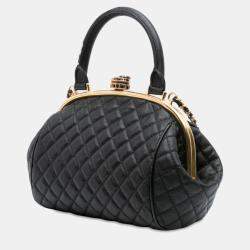 Pre Owned Chanel Black Paris Rome Quilted Calfskin Colosseum Lock Frame Bowling Bag