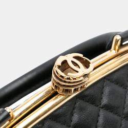 Pre Owned Chanel Black Paris Rome Quilted Calfskin Colosseum Lock Frame Bowling Bag