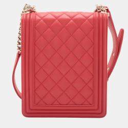Pre Owned Chanel Red Quilted Lambskin North South Boy Flap