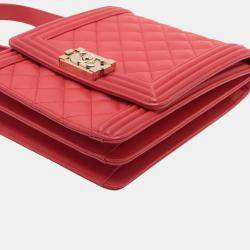 Pre Owned Chanel Red Quilted Lambskin North South Boy Flap