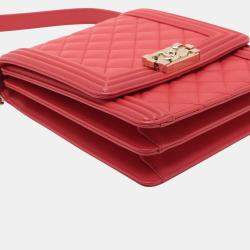 Pre Owned Chanel Red Quilted Lambskin North South Boy Flap