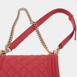 Pre Owned Chanel Red Quilted Lambskin North South Boy Flap
