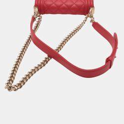 Pre Owned Chanel Red Quilted Lambskin North South Boy Flap