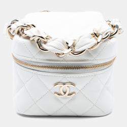 Pre Owned Chanel White Quilted Lambskin Cube Chain Wristlet Case
