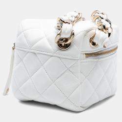 Pre Owned Chanel White Quilted Lambskin Cube Chain Wristlet Case