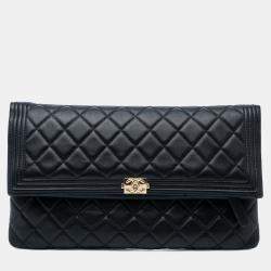 Pre Owned Chanel Black Quilted Lambskin Boy Foldover Clutch
