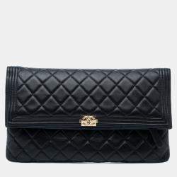 Pre Owned Chanel Black Quilted Lambskin Boy Foldover Clutch