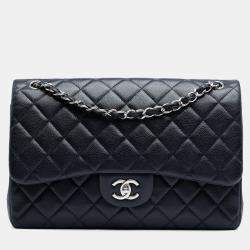 Pre Owned Chanel Navy Blue Jumbo Classic Caviar Double Flap