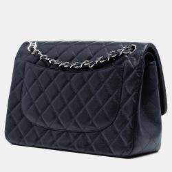 Pre Owned Chanel Navy Blue Jumbo Classic Caviar Double Flap