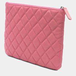 Pre Owned Chanel Pink Small Quilted Caviar O Case Clutch