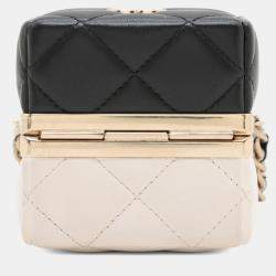 Pre Owned Chanel Black/Cream Bicolor Quilted Lambskin Cube Clutch with Chain