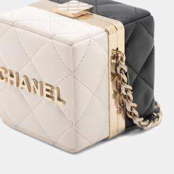 Pre Owned Chanel Black/Cream Bicolor Quilted Lambskin Cube Clutch with Chain