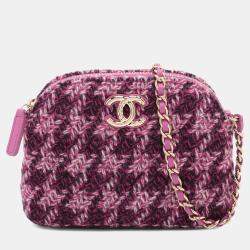 Pre Owned Chanel Pink CC Tweed Houndstooth Clutch On Chain