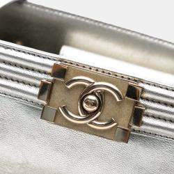 Pre Owned Chanel Black/Silver Large Bicolor Metallic Goatskin and Calfskin Boy Tote