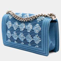 Pre Owned Chanel Blue Old Medium Pleated Denim Boy Flap