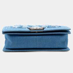 Pre Owned Chanel Blue Old Medium Pleated Denim Boy Flap