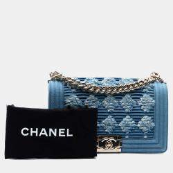 Pre Owned Chanel Blue Old Medium Pleated Denim Boy Flap