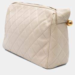 Pre Owned Chanel White CC Quilted Caviar Crossbody