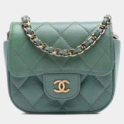 Pre Owned Chanel Green Micro Mini Classic Caviar Single Flap