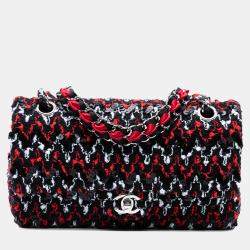 Pre Owned Chanel Black Red Medium Classic Sequined Tweed Double Flap