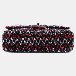 Pre Owned Chanel Black Red Medium Classic Sequined Tweed Double Flap