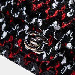 Pre Owned Chanel Black Red Medium Classic Sequined Tweed Double Flap