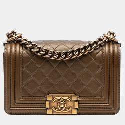 Pre Owned Chanel Brown Small Quilted Metallic Calfskin Boy Flap