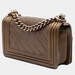 Pre Owned Chanel Brown Small Quilted Metallic Calfskin Boy Flap