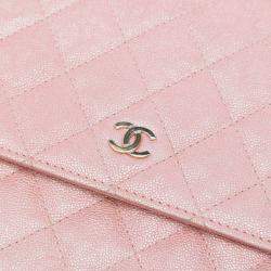 Pre Owned Chanel Pink CC Quilted Iridescent Caviar Wallet on Chain
