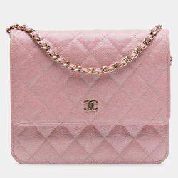 Pre Owned Chanel Pink CC Quilted Iridescent Caviar Wallet on Chain