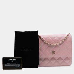 Pre Owned Chanel Pink CC Quilted Iridescent Caviar Wallet on Chain