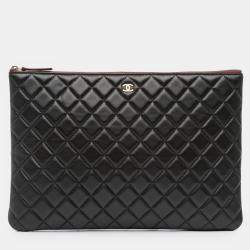 Pre Owned Chanel Black Large Quilted Lambskin O Case Clutch