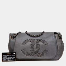 Pre Owned Chanel Grey Lambskin Studded CC Accordion Flap