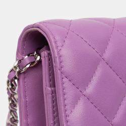 Pre Owned Chanel Purple CC Quilted Lambskin Wallet on Chain