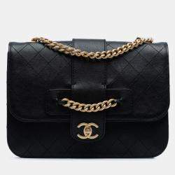 Pre Owned Chanel Black Large Quilted Sheepskin Front Chain Flap