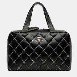 Pre Owned Chanel Black CC Lambskin Wild Stitch Handbag