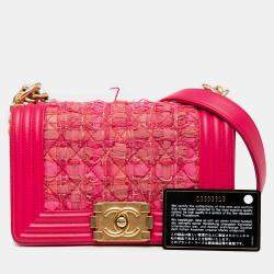 Pre Owned Chanel Pink Mini Tweed and Lambskin Boy Flap