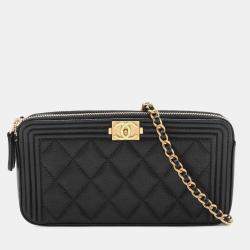 Pre Owned Chanel Black Small Quilted Caviar Boy Clutch With Chain