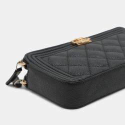 Pre Owned Chanel Black Small Quilted Caviar Boy Clutch With Chain