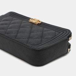 Pre Owned Chanel Black Small Quilted Caviar Boy Clutch With Chain