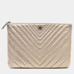 Pre Owned Chanel Gold Medium Chevron Metallic Calfskin O Case Clutch
