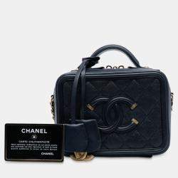 Pre Owned Chanel Navy Blue Small Caviar CC Filigree Vanity Case