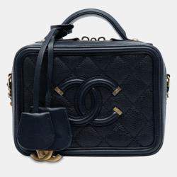Pre Owned Chanel Navy Blue Small Caviar CC Filigree Vanity Case